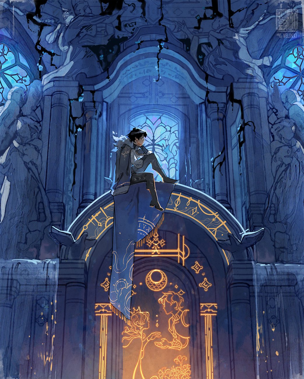 the image is a digital illustration featuring a male figure sitting atop an ornate archway in a crumbling, fantasystyle building or temple. the architectural style includes arches, columns, statues, and stained glass windows, rendered in shades of blue with gold accents. the structure is depicted as aged and cracked, possibly abandoned. the male figure has dark hair, wears a cloak, and is gazing off to the side. below him, on the arch, is a design of a couple standing by each other in the moonlight, surrounded by stars and flowers. a blue banner with gold designs hangs from the arch. the overall tone is somber and mysterious, with a blend of architectural detail and fantasy elements.