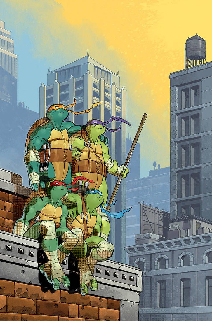 the teenage mutant ninja turtles, leonardo, raphael, donatello, and michelangelo, are perched atop a rooftop in a cityscape. leonardo, the leader, is holding his bo staff as they gaze out at the city. they are all wearing their signature colors and bandanas. the image is a comic book style illustration with vibrant colors and dynamic poses.