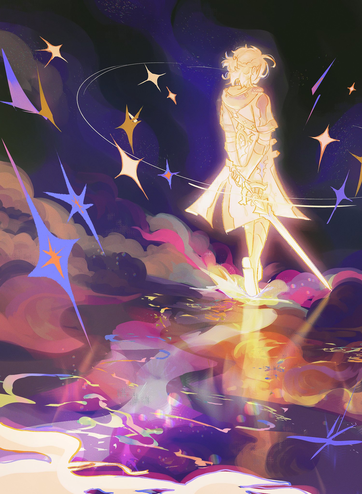 the image features a single figure, drawn in an anime style, with glowing white hair and clothing, standing on a partially obscured reflective surface. the figure holds a sword that emits a bright light, illuminating the figure and casting reflections on the surface below. the background consists of a swirling night sky filled with stylized stars and brightly colored clouds. the overall aesthetic is ethereal and dreamlike, suggesting a magical or celestial theme.