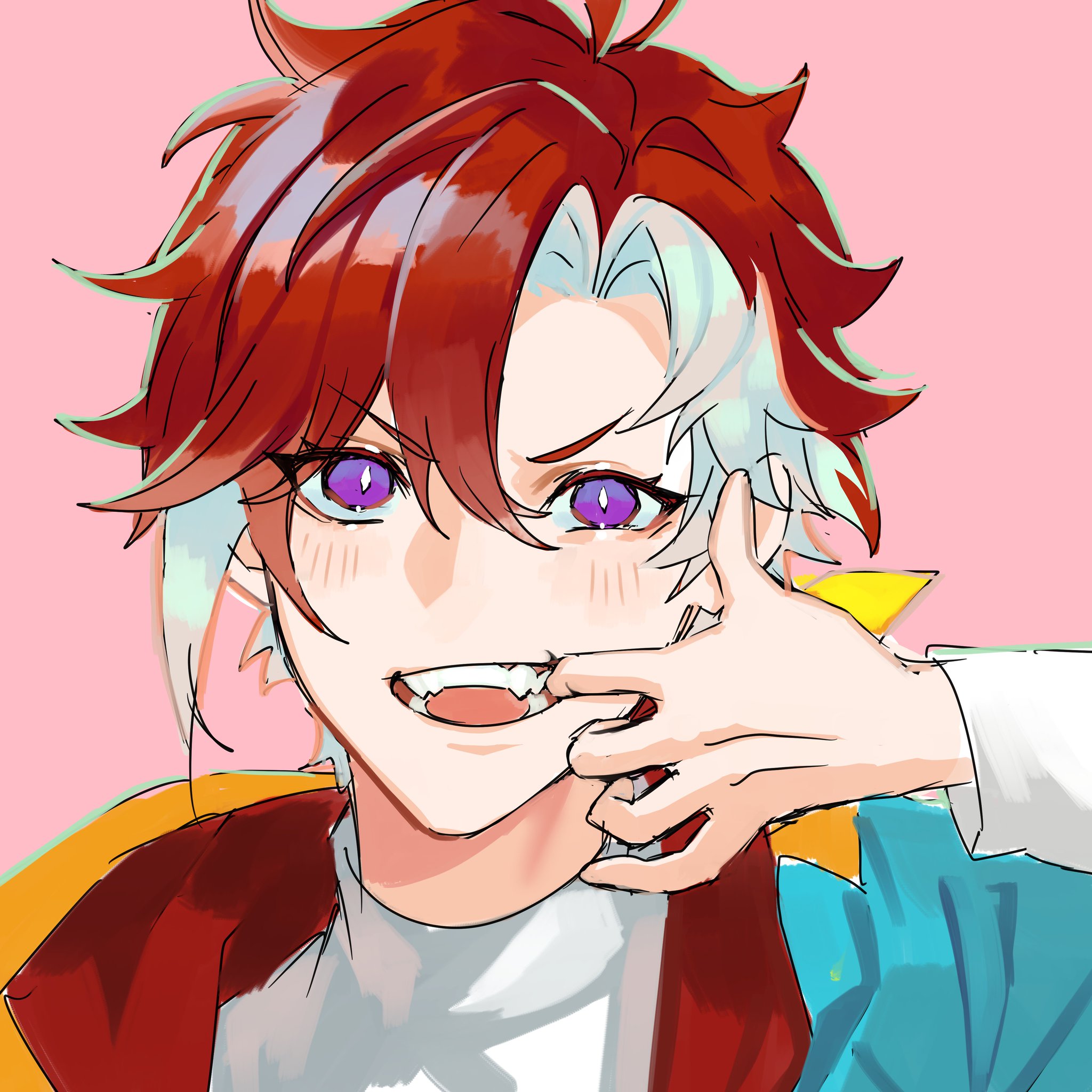 the image features a closeup portrait of an anime boy with red and white hair, purple eyes, and fangs. he is smiling playfully and holding his finger near his mouth, giving off a mischievous vibe. the background is a soft pink, and he is wearing colorful clothing with a red jacket, a white shirt, and a blue blazer. the illustration is done in a semirealistic style with soft shading and details, giving the image a charming and dynamic feel.