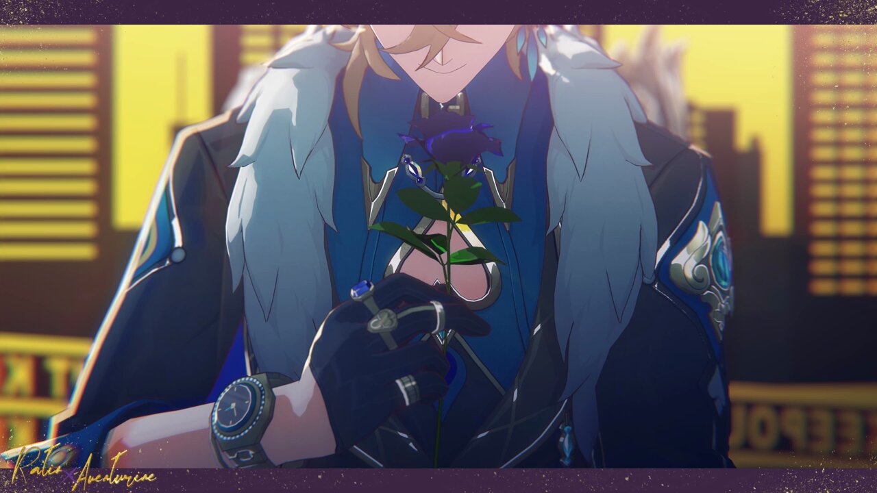 a closeup view of an anime character, a young man with blue hair and a white collar, wearing a black leather glove and holding a blue rose. the character's face is partially hidden and he is looking down at the rose. the character is wearing a black and blue jacket with gold accents and a gold watch. the background is a blurry city scene. the character is standing in front of a window that looks out onto the city. the image has a slightly dark and mysterious tone.