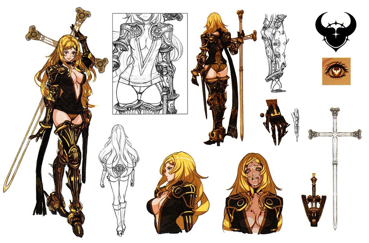 the image showcases character design concept art for a female warrior clad in ornate black and gold armor. multiple views—front, back, side, and closeups—highlight details of her armor, weapon, and facial expressions. sketches explore variations in pose and equipment. the art style leans towards fantasy, emphasizing a powerful and potentially dangerous female character.