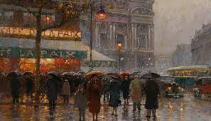 the image depicts a bustling street scene in paris, france. it is raining heavily, and people are huddled under umbrellas, walking along the wet sidewalks. in the foreground, a cafe called "cafe de la paix" is visible, its sign illuminated by a streetlight. the cafe is crowded with people, and there are also cars parked along the street. the buildings in the background are tall and elegant, with ornate details. the overall mood of the image is atmospheric and moody, capturing the beauty and charm of paris in the rain.