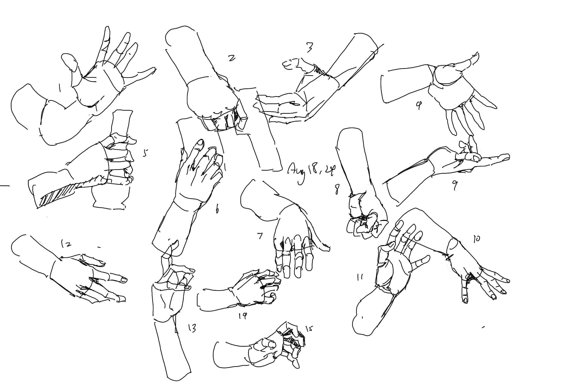 a black and white sketch depicting numerous hands in various positions. the drawing appears to be a practice or study of hand anatomy and gesture, with some hands holding objects and others interacting with each other. the lines are loose and expressive, capturing the form and movement of the hands.