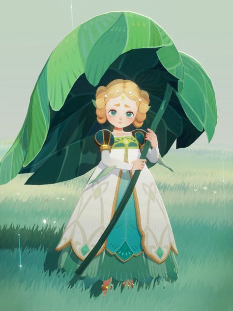 a young, cartoonlike girl in a white and green dress stands on a grassy field. she holds a large leaf over her head like an umbrella. the style of the image is soft and whimsical, and it is raining lightly in the background.