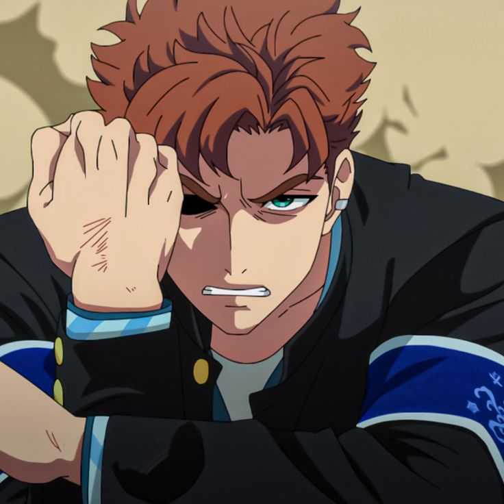 this is a closeup illustration of a young anime character with short, spiky brown hair and green eyes. he wears a concerned and angered expression, with his brow furrowed and mouth slightly open. the character is partially covering his face with his right hand, which is clenched into a fist and reveals a scar on his palm. he wears a black and blue jacket with white stripes, suggesting a school uniform. his left eye is covered with an eyepatch. the background is a soft yellow with indistinct shapes, keeping the focus on the character's intense expression.