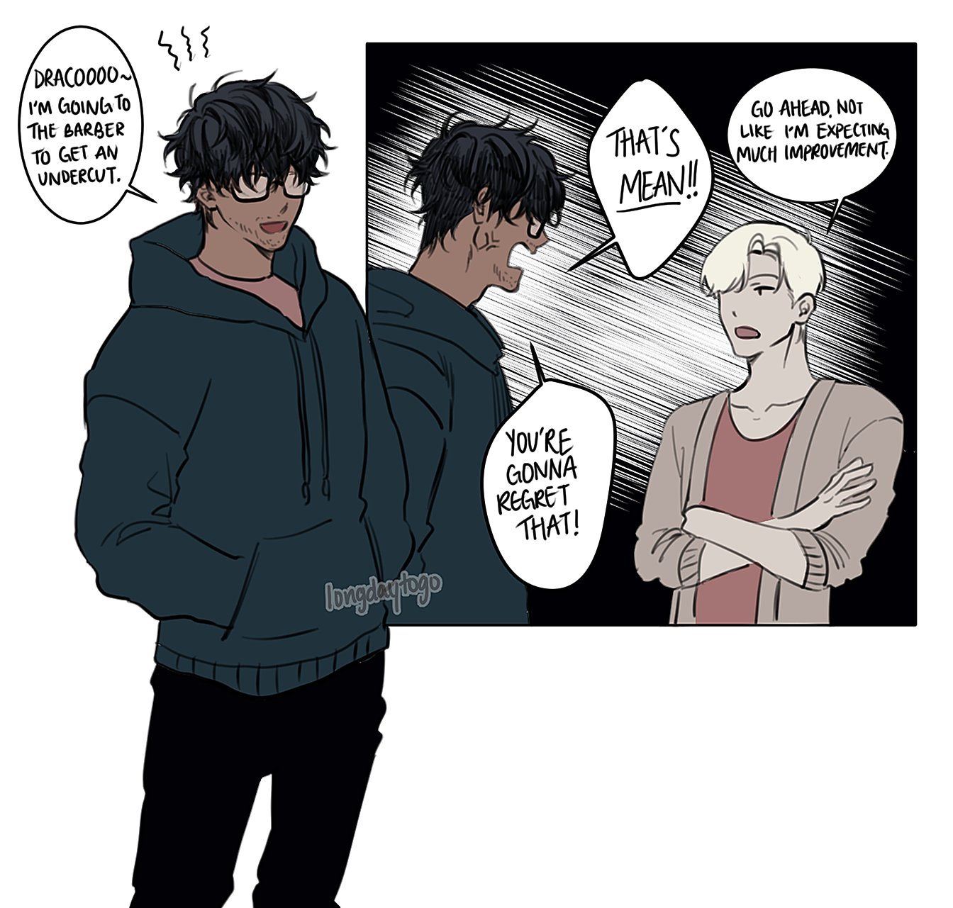 he image is a comic strip or webtoon panel featuring three male characters. the main character, draco, is excited about getting an undercut and is shown talking to his two friends about it. the first friend is skeptical, saying the undercut is a bad idea and draco will regret it. the second friend expresses lack of expectation on any improvement of draco's look. the art style is clean and modern with a focus on expressive characters and dialogue. the color palette is mostly dark and muted tones, which contrast with the brighter skin tones of the characters. the expressions of the characters are clearly shown, conveying their emotions effectively. the overall style is similar to that of a webtoon or manga.