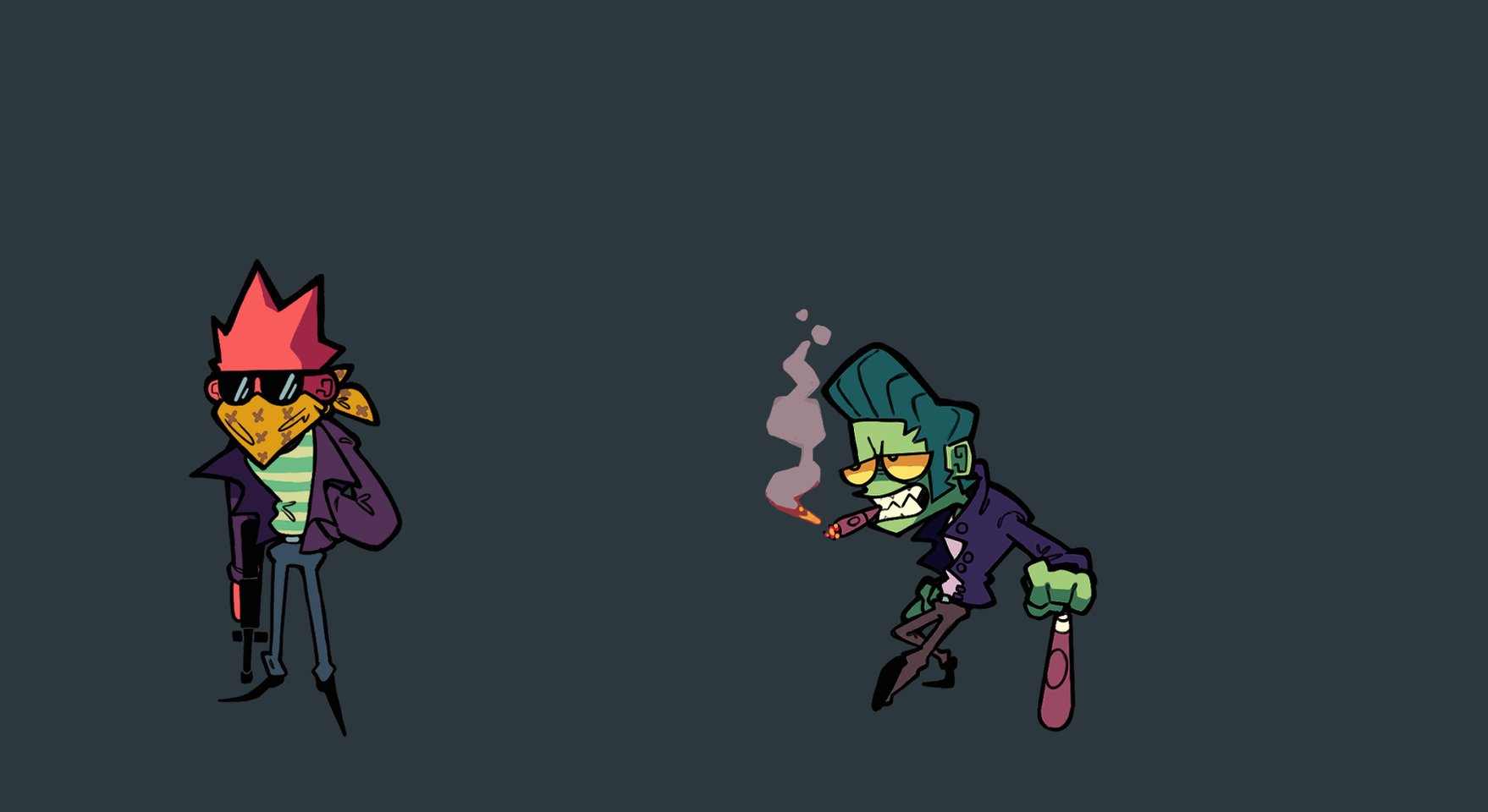 the image features two cartoon characters designed in a stylized, slightly exaggerated style, reminiscent of animation or video games. the character on the left has red spiked hair, a bandana covering their lower face, and wields a large gun. they are dressed in a purple jacket and dark pants.  the character on the right has green skin and hair styled into a pompadour.  they wear a similar purple jacket, have sharp teeth, and hold a spiked bat while smoking. both characters stand against a dark greypurple background, emphasizing their vibrant colors and rebellious attitudes.