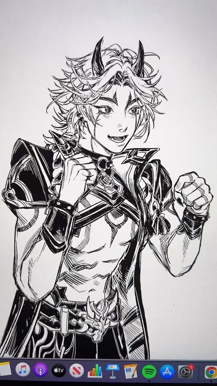 the image is a closeup shot of a digital drawing or a highresolution scan of a traditional ink drawing. it depicts a young man with demon horns, styled in an anime/manga aesthetic. he is powerfully built, wearing detailed fantasyinspired clothing that includes a dark jacket and belt with ornate designs. his expression is intense, and his hands are partially clenched, suggesting action or readiness. the drawing style is heavily detailed, utilizing varied line weights and shading to create texture and depth. the background is plain white.  the bottom of the image shows a portion of a macos dock with several app icons visible.