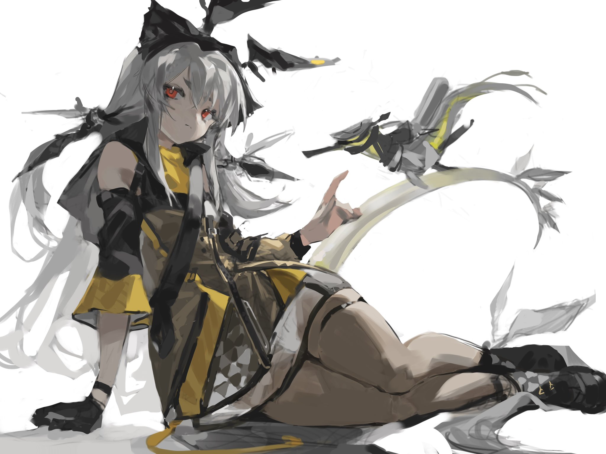 an anime girl with white hair and red eyes is sitting with one leg bent in front of her. she is wearing a yellow and black outfit with black and white wings on her back. in the background, there is a gray gun and white wings.