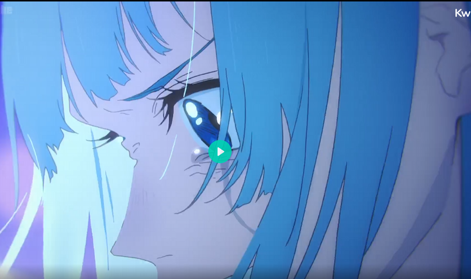 closeup screenshot from an anime, showing the side profile of a girl with blue hair. the girl is crying, with visible tears streaming down her face, suggesting sadness or heartbreak. her expression is one of pain and despair. the background is dark, and rain is falling, adding to the somber mood.