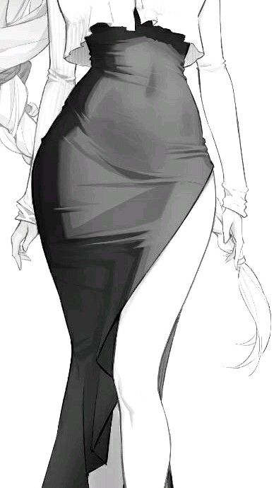 an illustration of a woman wearing a black pencil skirt with a high slit, a white blouse with long sleeves, and a fitted bodice. the illustration is in black and white, with shading to define the shapes and forms. the woman's body is mostly visible, from the waist down to the legs.