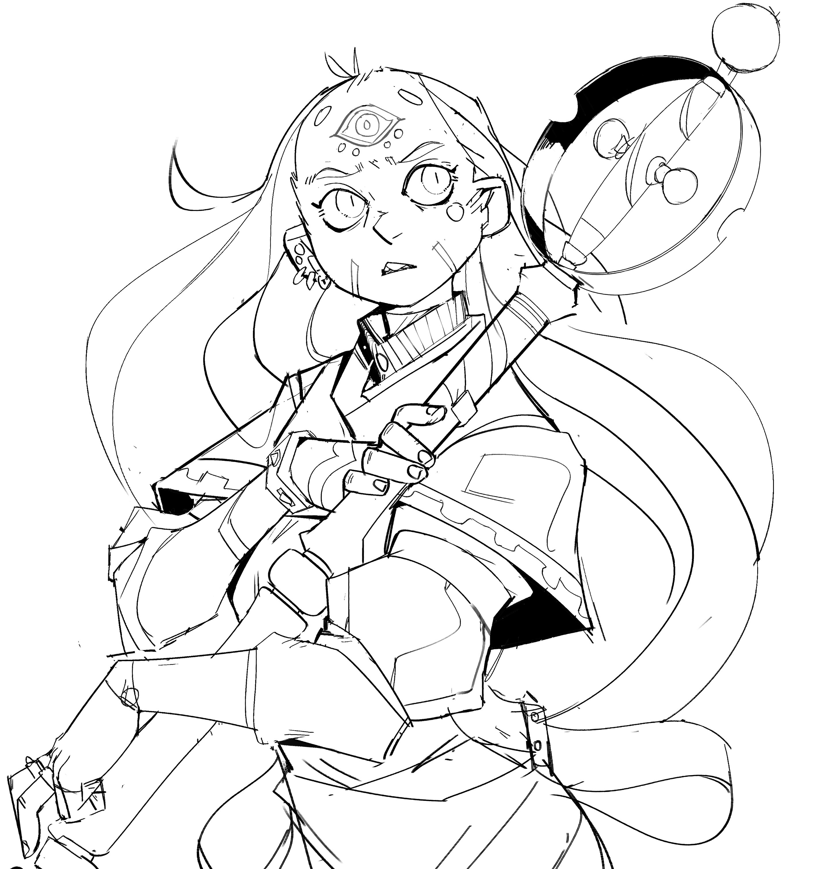 a black and white line art drawing of a futuristic woman holding a weapon and a shield in her arms, with her other arm robotic and a futuristic look. she has a oneeye in the center of her forehead. she appears to be a fictional character from a comic or manga.