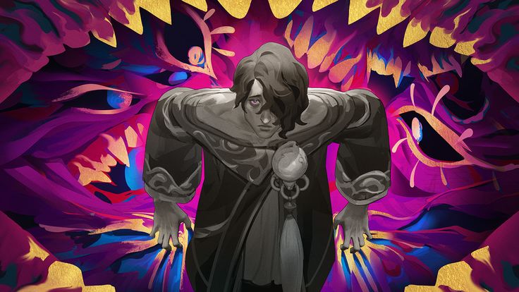 the image is a stylized piece of artwork, likely promotional material, for the netflix series arcane, based on the video game league of legends.  it features a character, possibly a variation or altered version of a preexisting character from the lore, prominently in the center.  the character is paleskinned with dark hair and is dressed in dark, ornate clothing. their expression is serious and somewhat pained. the background is an abstract and vibrant mix of swirling purple, gold, and darker colors, featuring numerous large, stylized eyes, adding to the overall sense of mystery and unease. the overall style is highly expressive and emphasizes the dramatic mood of the piece.