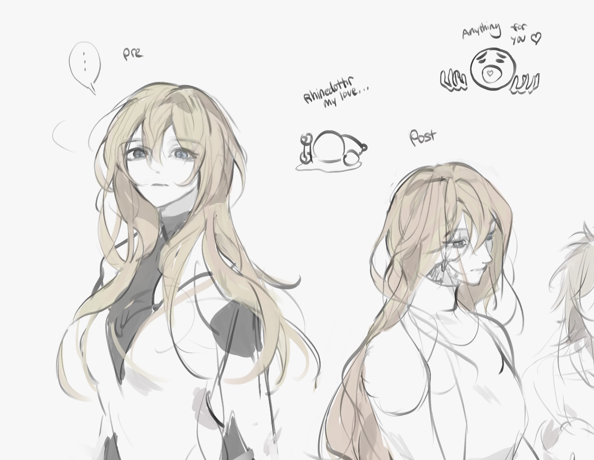this is a drawing of a girl with long blonde hair. she is wearing a white shirt. the drawing is in a minimalist style and is very simple. the girl appears to be sad or thinking deeply. there are handwritten notes around the image that seem to indicate a story or an idea behind this drawing.  the words "pre" and "post" seem to indicate different times or emotions. there are words like "rhinocerous, my love" and "anything for you" that suggest a love story or a deeper meaning to the artwork.  this drawing is very cute and captures the essence of a young girl in a delicate and sensitive way.