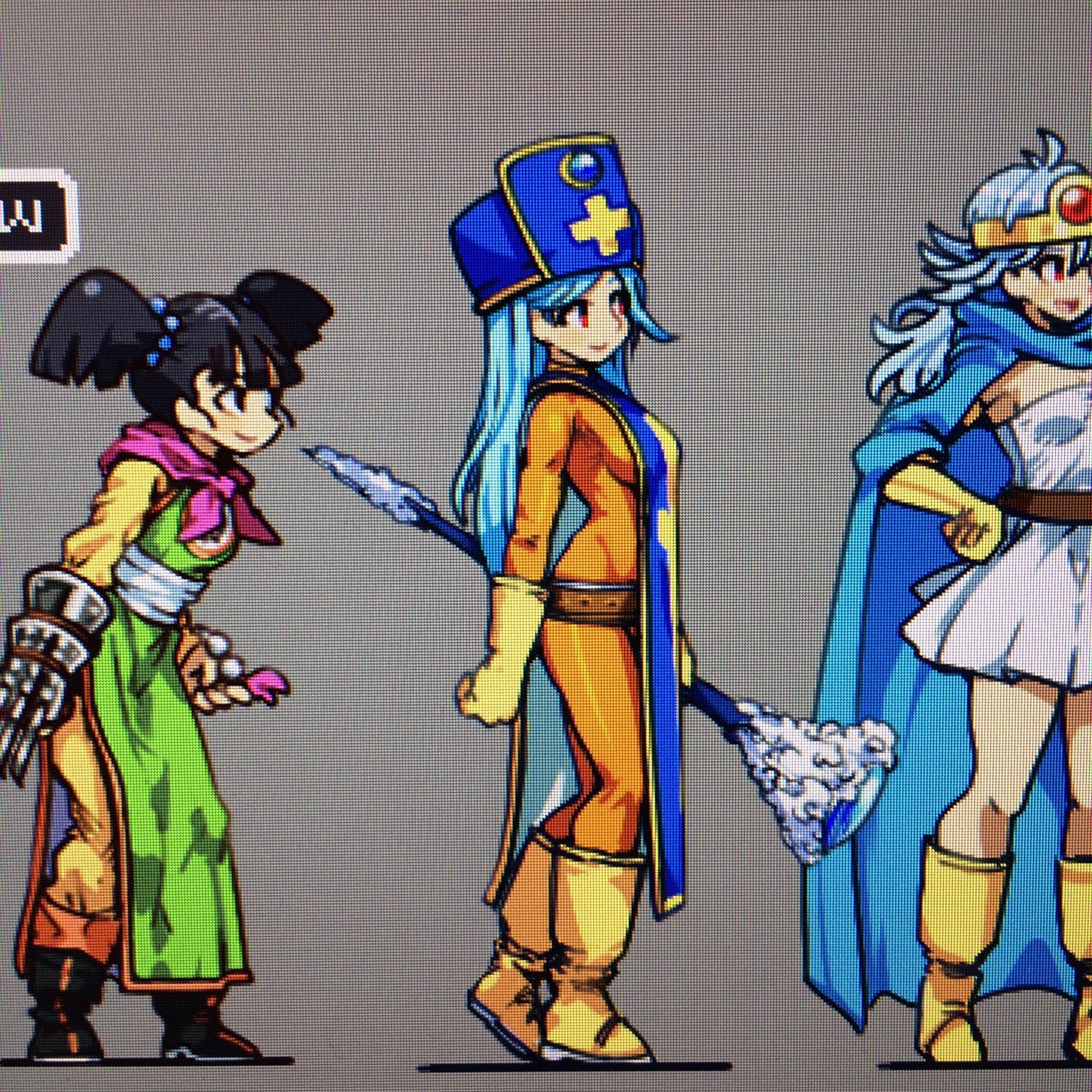 three female cartoon characters from a video game. the character on the left is a young girl wearing a green dress and a red scarf. she has a small weapon in her left hand.  the middle character is a woman wearing a blue and yellow dress and a blue hat. she is holding a magic staff. the character on the right is a woman in a white dress with blue and gold accents. she has blonde hair and is holding a white staff.  the backdrop is a simple gray color.