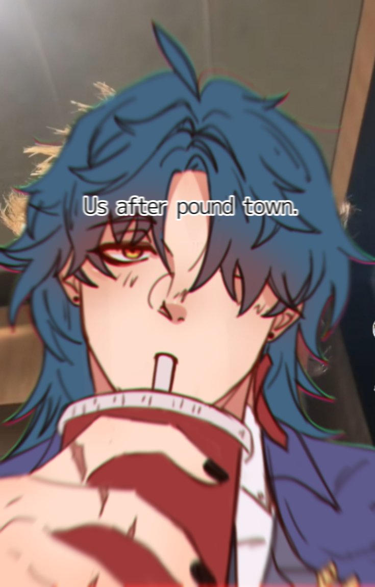 the image is a stylized digital drawing or fanart depicting a young man with vibrant blue hair. he appears tired or relaxed, holding a red cup with a straw, possibly a soda.  the text overlay "us after pound town" suggests the context is a humorous depiction of exhaustion after a night out or event. the style is animeinfluenced, with exaggerated features and a focus on expressive eyes. the background is blurry and indistinct, focusing attention on the character.