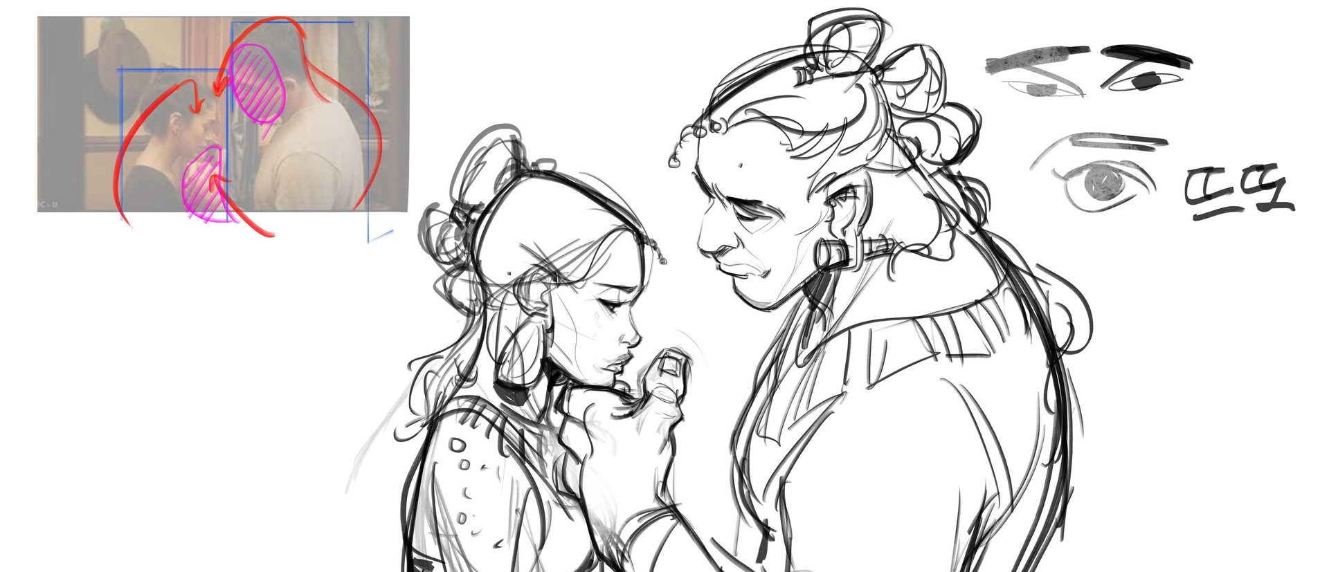 the image displays a digital sketch of a romantic couple embracing. the sketch is done in a loose, expressive style with visible linework, showcasing gesture and emotion.  there's a reference image in the upper left corner,  a photo of a couple embracing which is likely used as inspiration for the artist's piece.  additional sketches of eyes are included in the upper right corner, possibly indicating a focus on eye details for the main drawing. the style is reminiscent of concept art or character design work. the drawing features two figures, with the woman on the left side having her hair styled in a bun. both characters have earrings and are dressed in what seem to be periodstyle clothes.