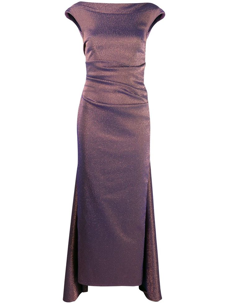 a floorlength evening gown in a shiny, dark purple fabric. the dress has a boat neck and cap sleeves, a fitted bodice with draping at the waist, and a mermaid skirt.