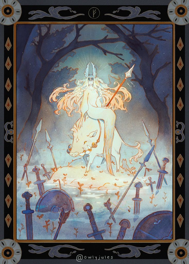 he image is a digital painting in a watercolor style, depicting a serene scene of a goddesslike figure riding a boar. the figure is paleskinned with long blonde hair, wearing a crownlike headpiece. she holds a spear, and sits regally upon the boar which is surrounded by discarded weaponry; swords, shields, spears and arrows which are sunk into a marshy ground. the background is a dark forest at night with moonlight illuminating the central figures. the overall aesthetic is mystical and ethereal, conveying a sense of peace and victory. the style is reminiscent of fantasy art, with elements of nordic mythology. the image is framed with an ornate border.  the artist's signature, "@owlyjules," is visible at the bottom.