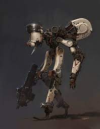 a 3d illustration depicting a robot with a machine gun in its right hand. it has a large head and mechanical limbs. the robot is posing in a futuristic setting. the overall image is grey.