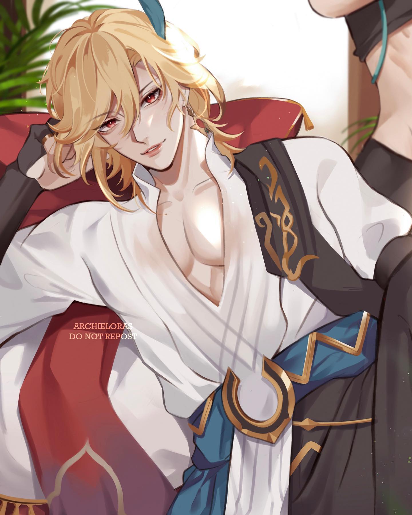 the image is a digital fanart piece depicting albedo from genshin impact. he is a young man with long, blond hair and striking red eyes.  he's dressed in an elegant, ornate outfit featuring a predominantly white robe with dark accents and a distinctive golden and blue belt. albedo is comfortably seated, partially reclining, with one hand resting on a cushion. his expression is relaxed and almost languid.  a small portion of another person's body is visible in the upper right corner; only their shoulder and part of their arm and dark clothing are shown, indicating possible interaction or a shared scene.  the overall style is anime/mangainfluenced, with soft shading and colors, and a focus on detailed clothing and expressive character features. the image has a watermark indicating that it should not be reposted.