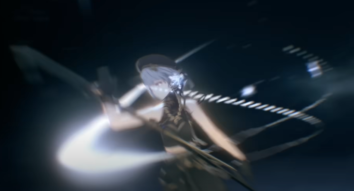 a woman with white hair is captured in midmotion, wielding a large spear that emits a bright light. the scene is dark and dramatic, with the woman's face partially obscured. the low angle perspective emphasizes the power and intensity of the moment. the woman appears to be a futuristic soldier or warrior, engaged in a fierce battle.