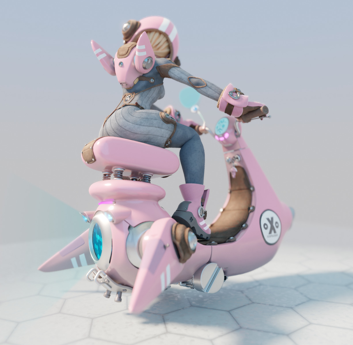 a pink futuristic motorcycle driven by a pinkskinned anime girl with a helmet.  the motorcycle has a long, thin body and a large, rounded seat. the girl is wearing a pink outfit and white boots.