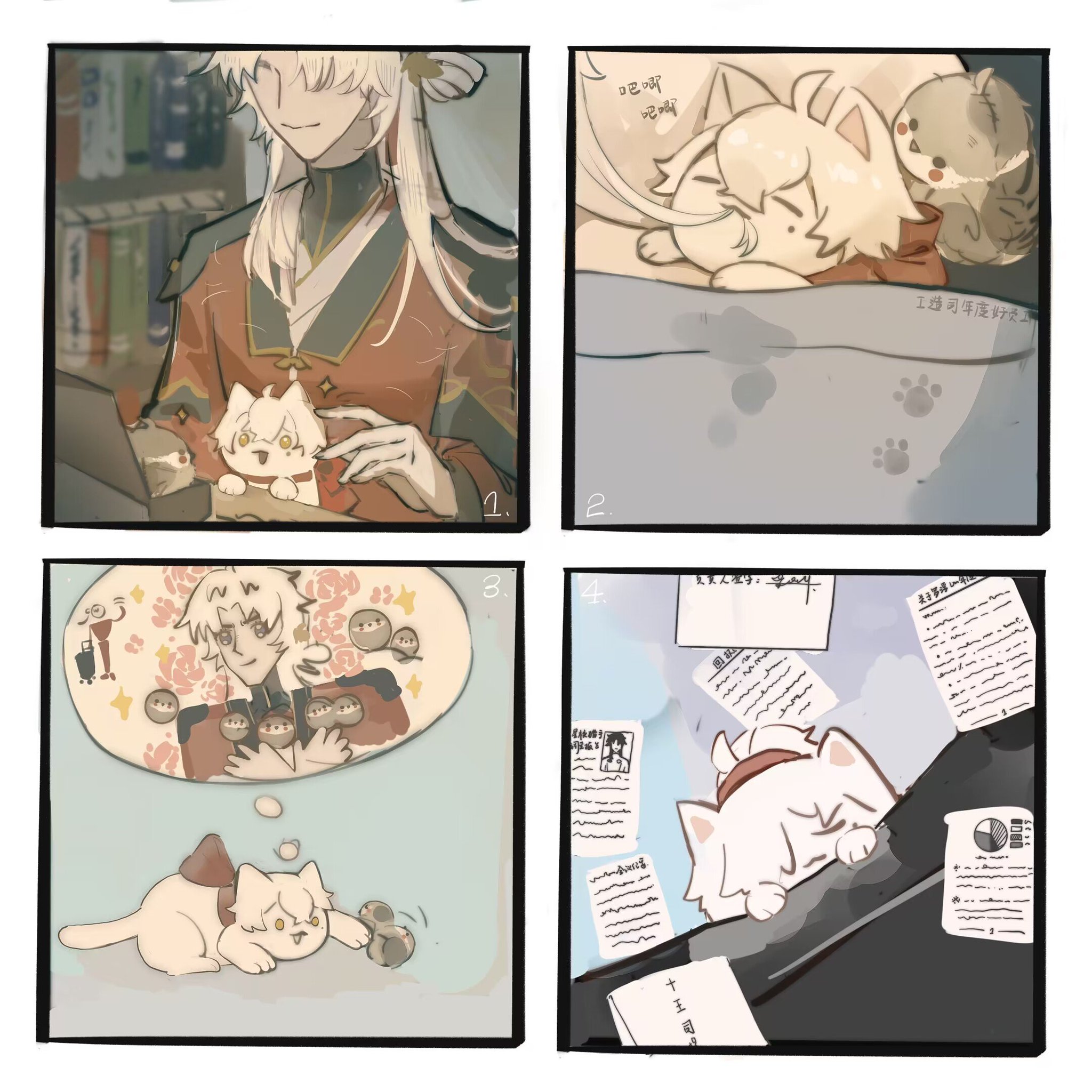 the image is a comic strip with four panels. the first panel shows a human male character with white hair, wearing a red and green outfit, sitting at a desk and looking at a cat. the second panel shows a white cat sleeping on a bed, and a dog sleeping on the cat. the third panel shows a human male character dreaming about a bunch of cats. the fourth panel shows a white cat sitting on a desk full of papers and is trying to sleep.