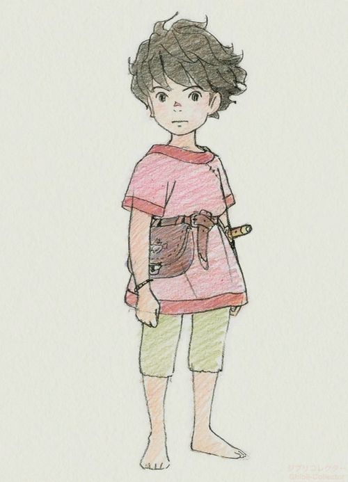 a sketch of a young boy with short brown hair, wearing a loose pink tunic with a brown belt and pouch, and a small sword tucked in at the hip. he is barefoot. the drawing style is reminiscent of animation concept art.