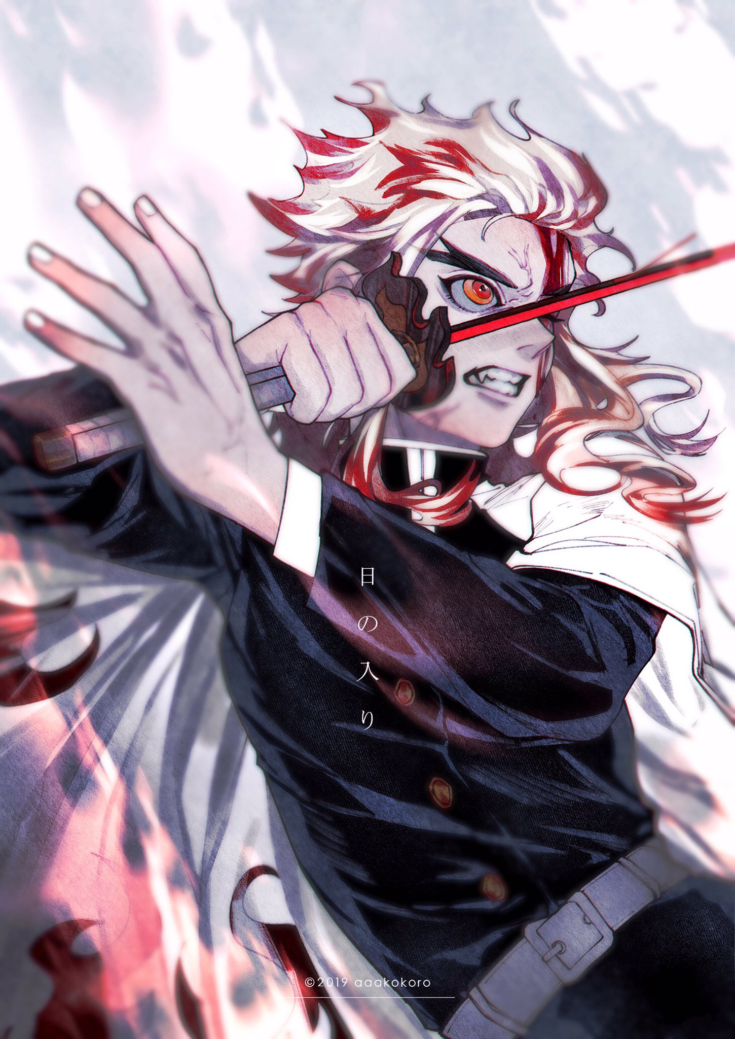 this is a digital illustration of tanjiro kamado from the popular anime and manga series demon slayer: kimetsu no yaiba. tanjiro is depicted in a fighting pose, wielding his katana with a determined expression on his face. he is surrounded by red flames and a bloody aura, suggesting that he is in the midst of a fierce battle. the illustration is highly detailed and dynamic, capturing the intensity of the scene and the strength of tanjiro's character. the vibrant colors and dramatic lighting enhance the visual impact of the image, making it a captivating work of art.