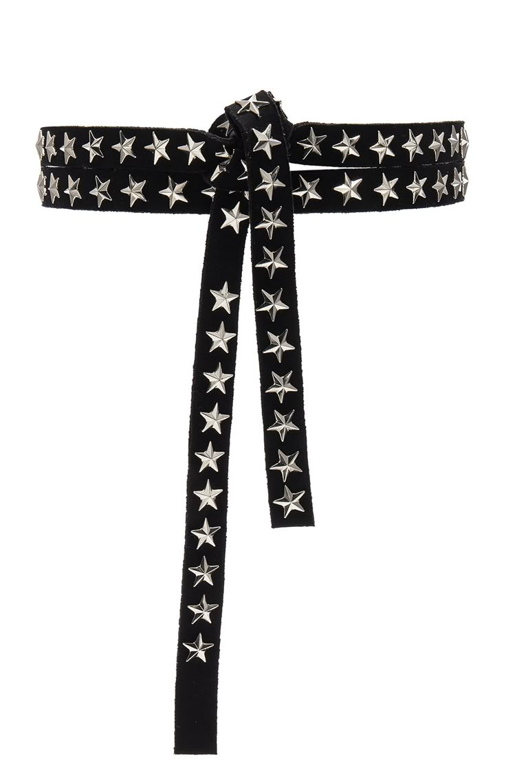 a black belt with silver star studs tied in a knot. the belt has two rows of stars along its length, and the ends hang down with stars along them.