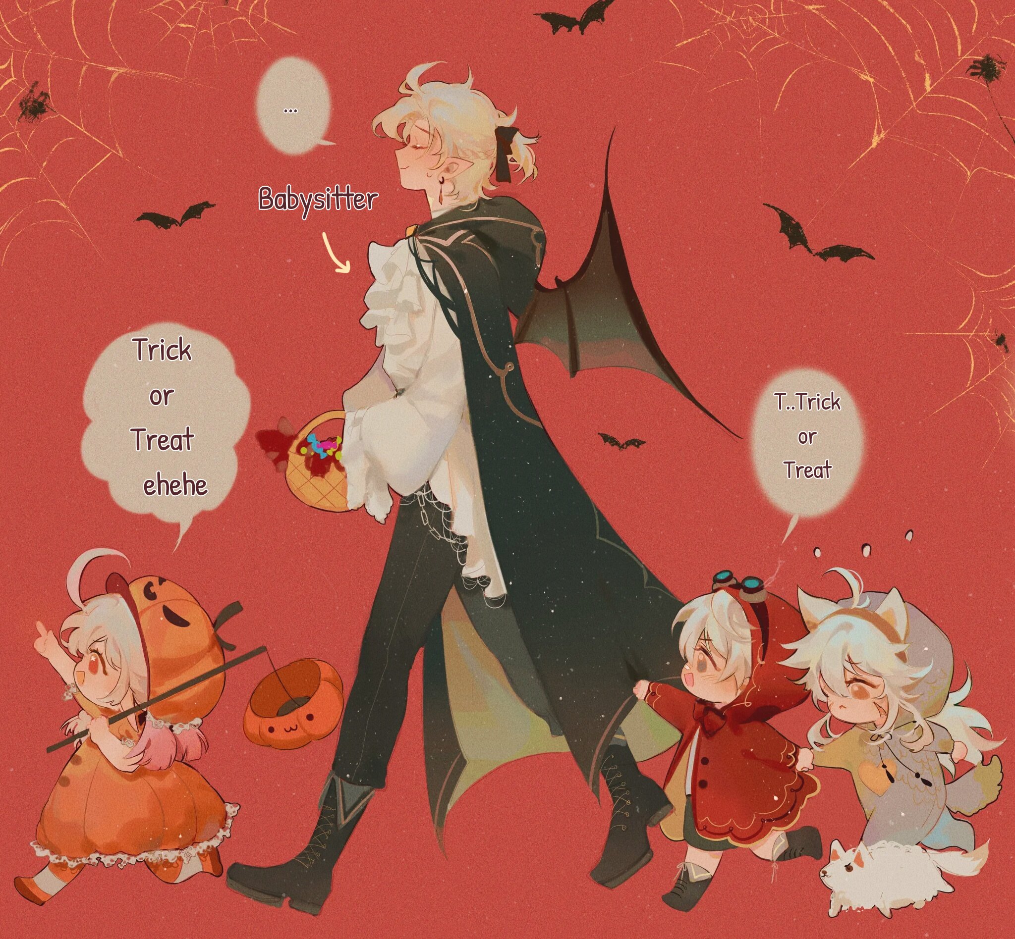 he image is a digital illustration depicting a halloween scene. a young man with bat wings, dressed as a vampire, is walking with three children in costumes. one child is dressed as a pumpkin, another in a red hooded cloak, and the third in a grey outfit with bunny ears. they are all carrying candy and pumpkins.  the background is a red color with cobwebs.  text bubbles indicate that the young man is a "babysitter," and that the children are trickortreating.  the overall style is cute and whimsical.