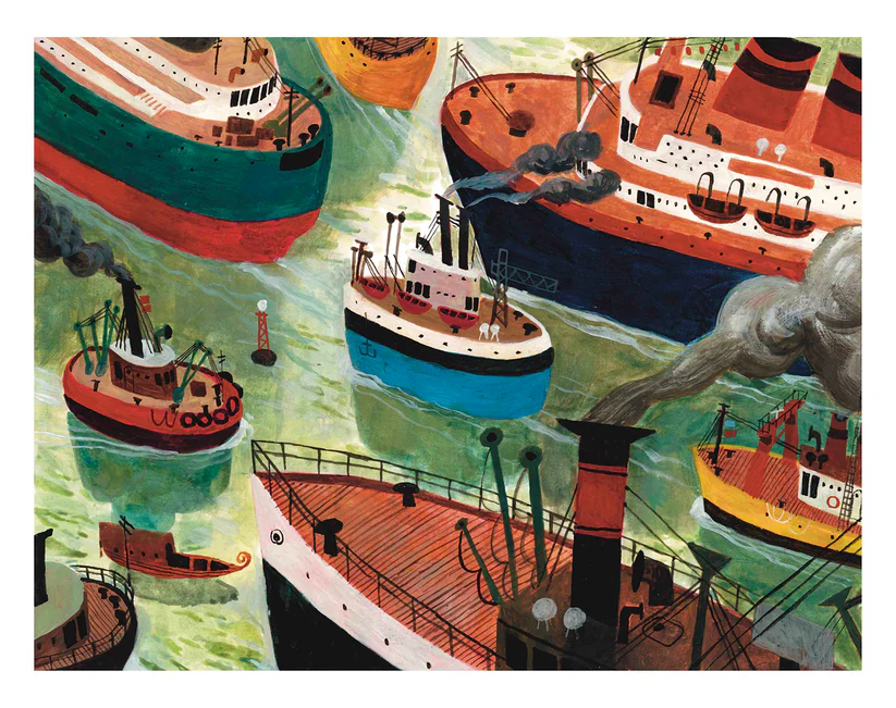 this image is a vibrant illustration of a busy harbor filled with various types of ships and tugboats. the scene is bustling with activity, and smoke billows from some of the vessels, adding to the sense of movement. the artwork has a vintage, painted quality, lending a nostalgic feel to the maritime scene.