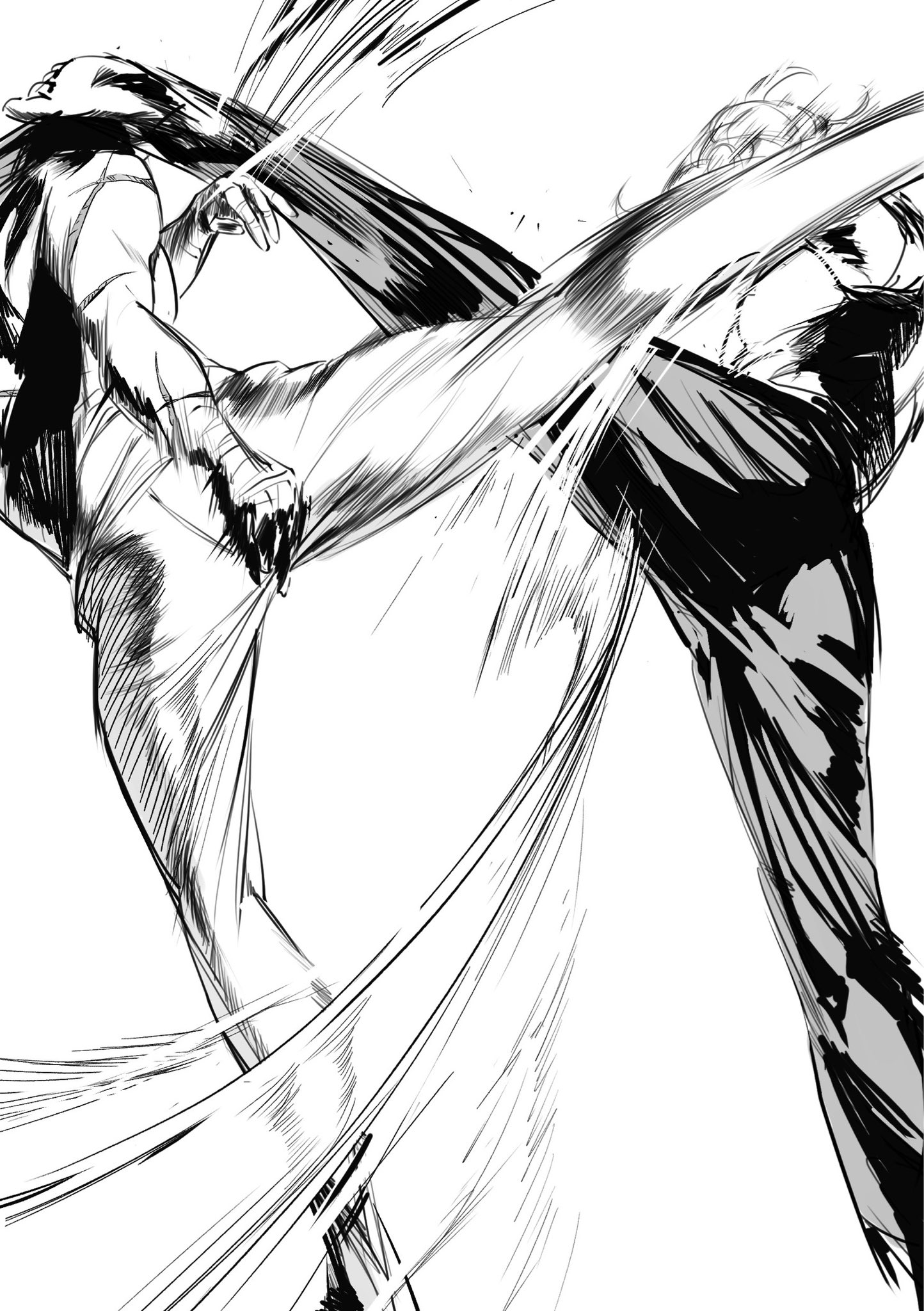 a black and white comic book style drawing of two figures engaged in intense combat. the figures are drawn with a dynamic, energetic style, suggesting rapid motion and powerful strikes. their bodies are partially obscured by swirling lines, creating a sense of speed and force. the drawing is full of action and energy, capturing the intensity of the fight.