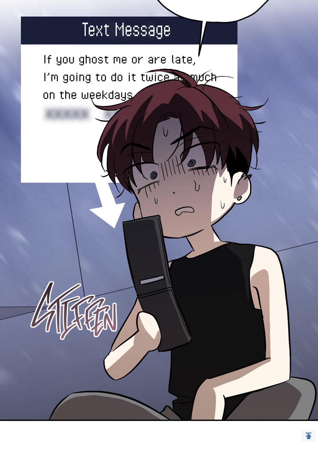 he image shows a closeup illustration of a young man, possibly a character from a manhwa or manga. he appears stressed and worried, holding a cell phone and looking at a text message that indicates his partner's late arrival or ghosting will result in a consequence.  the style is characteristic of webtoons or digital comics. the color palette is dark, emphasizing the character's emotional state.  a speech bubble displays the threatening message.