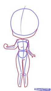 this is a digital sketch showing a stepbystep guide on how to draw an anime girl. the illustration is in its basic stages, showing the outline of the body and the head, with a few internal lines denoting the parts of the body.