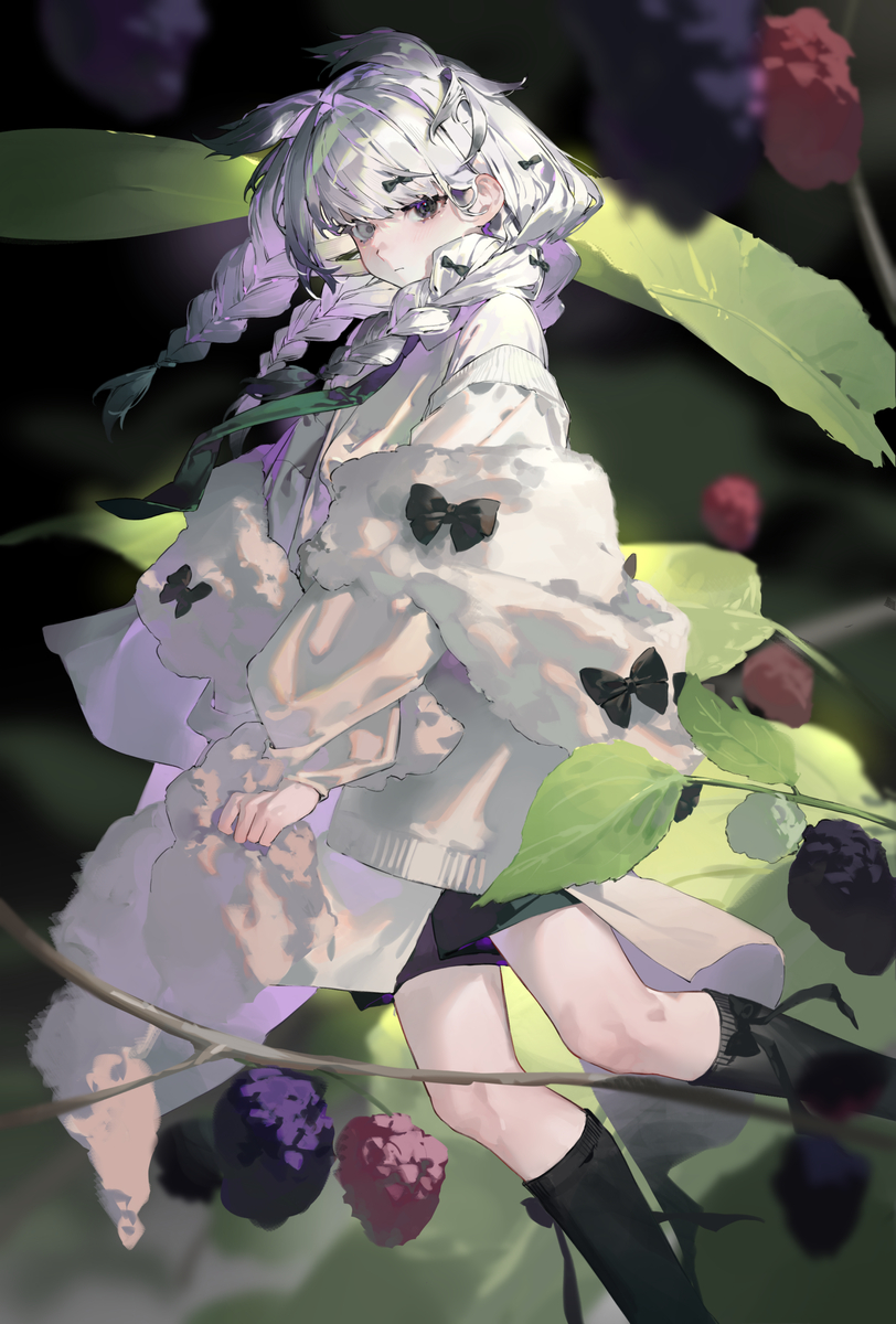 an animestyle drawing of a girl with white hair styled into braids, adorned with small black bows. she wears a white sweater, a fur shawl with black bows, black shorts, and black boots. she is positioned amidst leaves and berries, suggesting an outdoor setting.