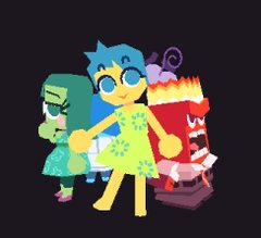 pixel art depiction of joy, sadness, disgust, and anger from the pixar movie "inside out".