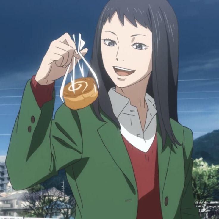 an anime girl with long black hair is smiling while holding a pastry in her hand. she's wearing a green jacket over a white shirt and a red sweater, which are typical for a school uniform. the backdrop is a blurred background with a hint of cityscape, showing the image to be set outdoors.