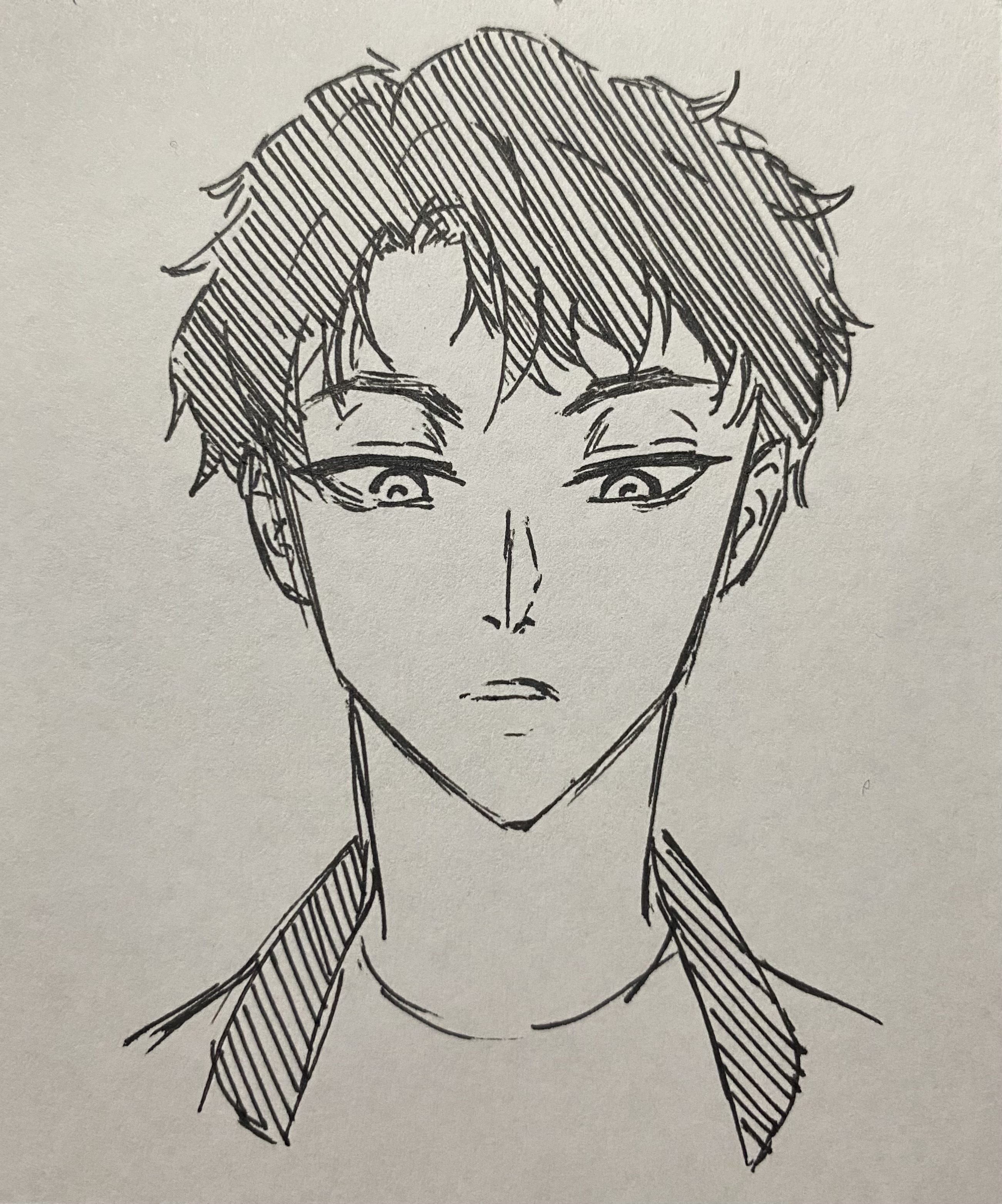 the image is a closeup, black and white handdrawn sketch of a young man's head and shoulders.  the style is reminiscent of anime or manga, with strong line work emphasizing the character's hair and eyes. his expression is serious or perhaps slightly pensive. the drawing is done in a style that suggests hatching and crosshatching to create shading and texture, particularly in the hair. the overall style is clean and relatively detailed.  the background is a plain, lightcolored paper.