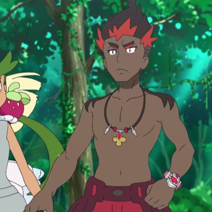 a male anime character with red hair and a red and green tribal outfit. he's wearing a necklace with a red flower pendant and a bracelet with a red gem.  he is standing in a forest with a green background.  he looks tough and determined.
