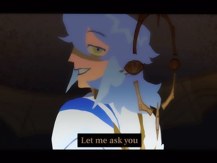 he image shows a closeup side profile of an animestyle character with light blue hair and a white and blue outfit. the character has striking yellow eyes and a sly smile.  goldcolored, ornate, eyelike accessories are visible on the character's hair. the background is dark and shadowy. a dialogue box at the bottom reads "let me ask you". the overall style is stylized and somewhat mysterious.  the character appears to be from an animation or video game.