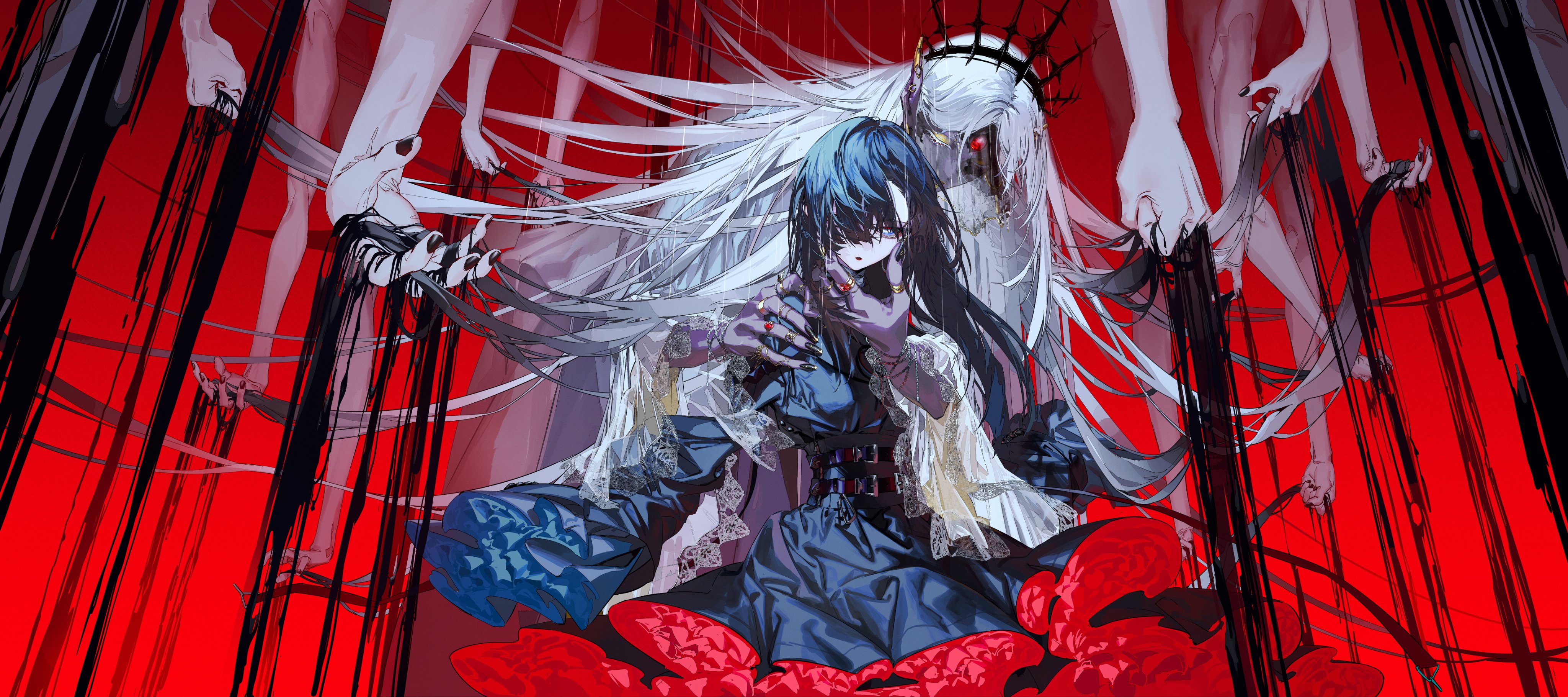 the image is a digital illustration of two anime girls, one with white hair and the other with black hair. they are both dressed in elegant and gothic clothing, with the whitehaired girl wearing a white dress and the blackhaired girl wearing a black dress. they are surrounded by a dark and mystical background with black lines and a red hue that gives the image a horror and mysterious feel. both girls have red eyes and elegant poses. the blackhaired girl looks like she is being pulled back by strings while the whitehaired girl is holding a black string. the image conveys a sense of mystery and power, while the dark and red background adds to the spooky and creepy atmosphere.