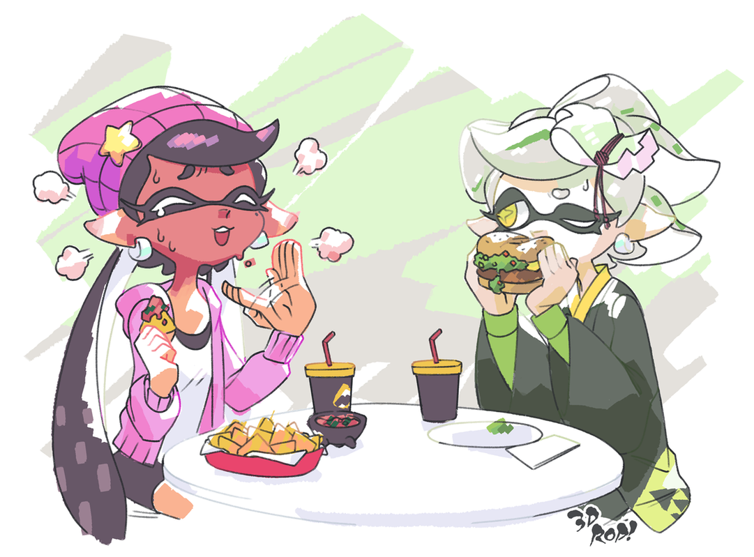 two anime girls, one with pink hair and one with white hair are sitting at a table eating food. the girl with pink hair is eating nachos and the girl with white hair is eating a burger. they are both smiling and seem to be enjoying their meal.