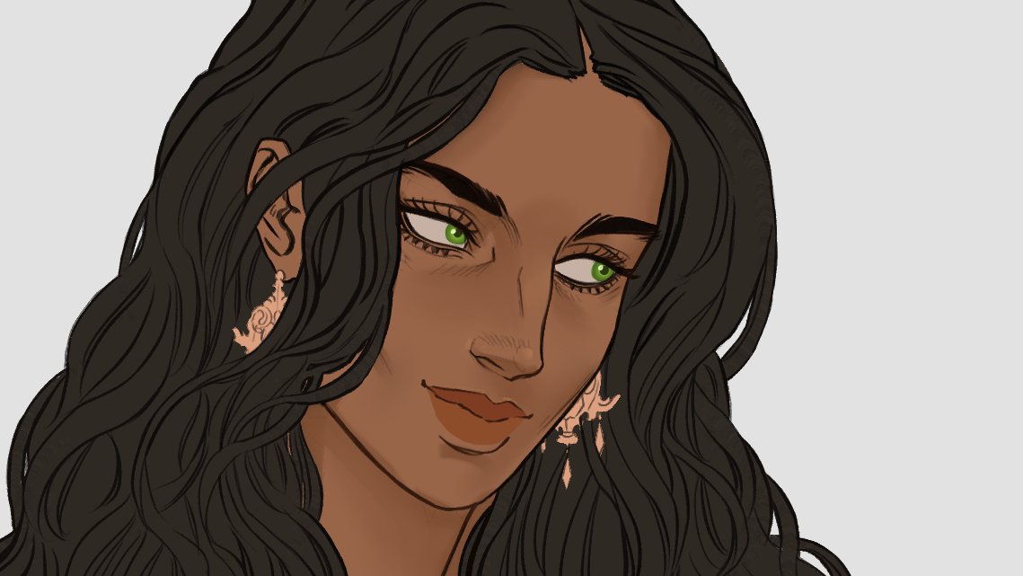 a digital drawing of a woman with dark hair, green eyes, and brown skin, wearing earrings. she is depicted in a portrait style.