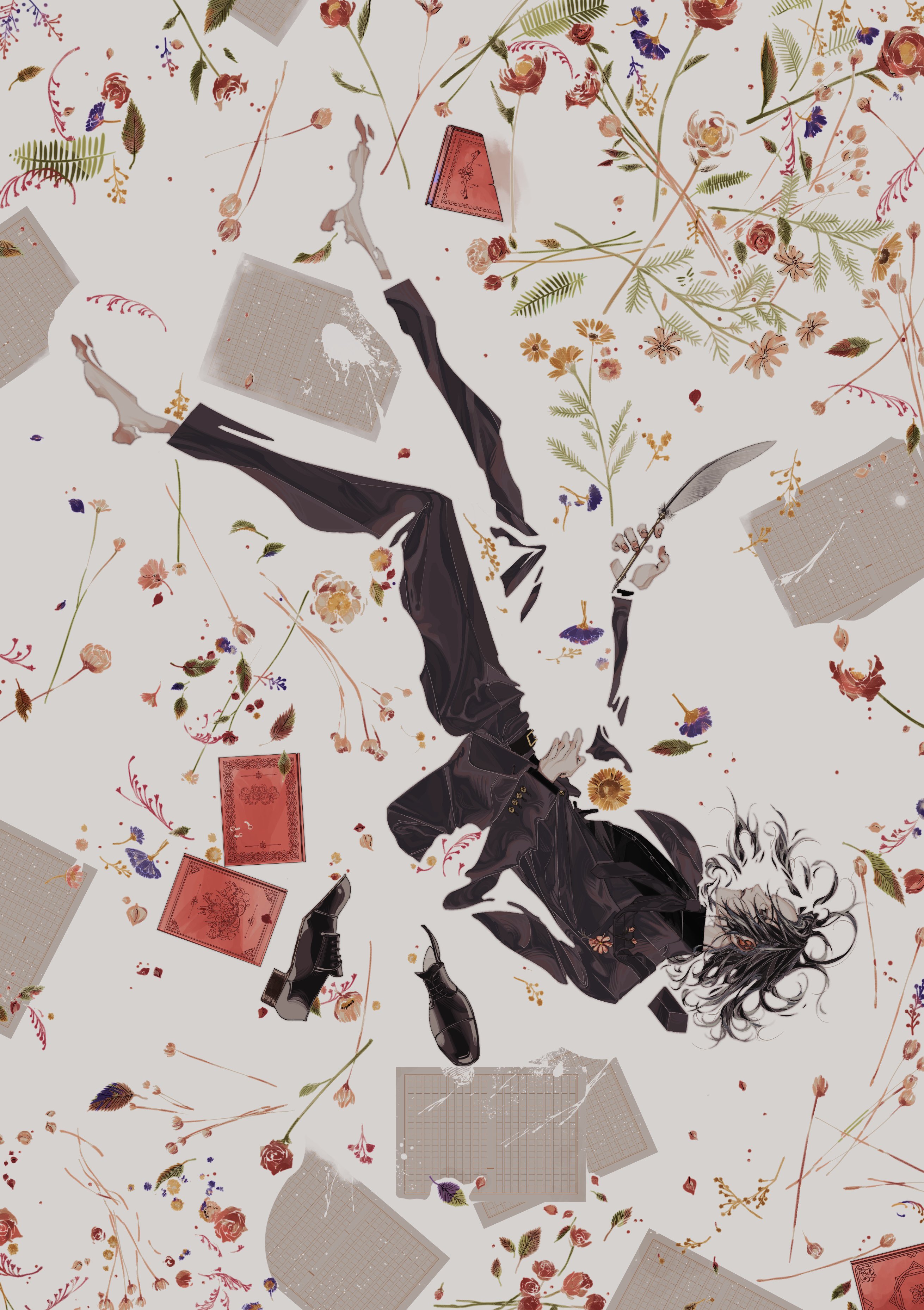 the image is a digital painting or illustration in an anime/manga style.  it depicts a young man with long black hair, dressed in a dark suit, falling or floating amidst a scattering of flowers, papers, books, and other debris. the overall mood is surreal and dreamlike, with a delicate and somewhat mysterious atmosphere. the character appears to be holding a knife. the color palette is muted with soft pastel tones and darker accents.  the background is a light beige or offwhite canvas with scattered elements arranged in a seemingly haphazard but visually pleasing manner. the style is artistic and expressive, emphasizing the mood and composition rather than precise detail.