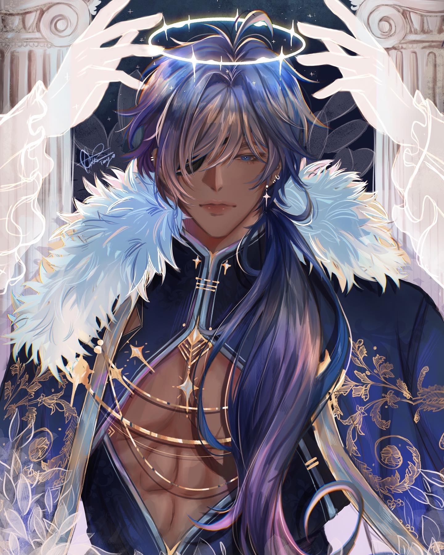 the image is a digital painting or illustration of a male anime character. he has long, flowing blue hair with purple undertones, and is adorned with a halolike crown of light.  he wears elaborate, dark blue and gold clothing with intricate details and a large, fluffy white collar. the style is reminiscent of fantasy art, with celestial elements and a touch of ethereal beauty.  his expression is serene, almost regal. the background features parts of classical columns and translucent, ethereal hands holding the halo above him, further enhancing the otherworldly atmosphere. the overall color palette is rich with blues, purples, golds, and whites creating a high contrast and visual depth.