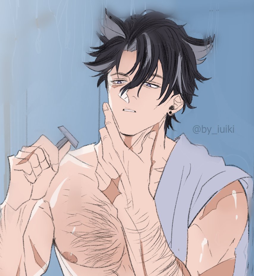 this digital illustration shows a man with wolf ears, dark hair, and a white streak in his hair, shaving his beard and chest hair. he's wearing a white shirt with a blue towel over his shoulders.