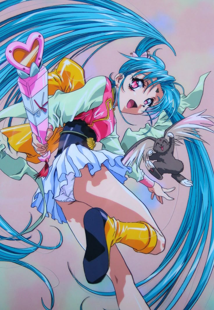 the image shows a female anime character with blue hair and pink eyes. she is wearing a colorful outfit consisting of a yellow and pink top, a blue skirt, and yellow boots. she is holding a wand with a heartshaped top and a box shape at the middle. next to her is a flying animal that appears to be a cross between a rabbit and a bat. the background is a light pink color. the overall style is reminiscent of magical girl anime.
